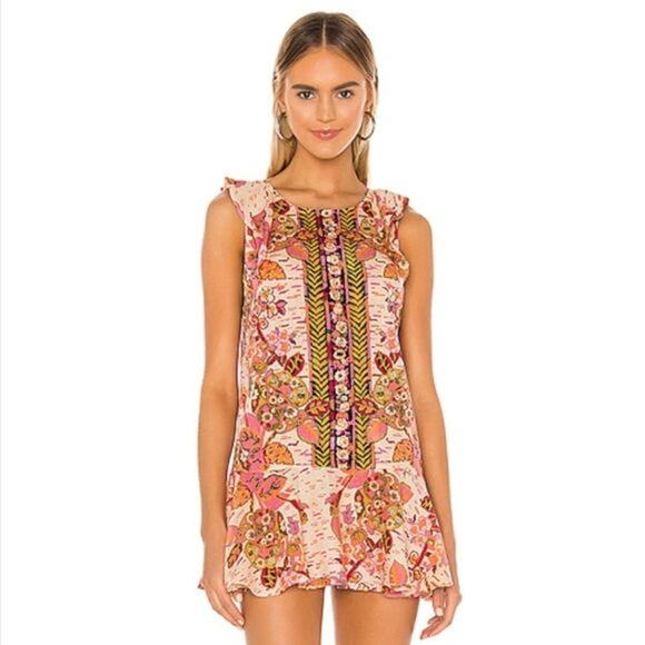 Free People "Summer In Tulum" Linen Blend Mixed Print Ruffle Sleeveless Tunic - Picture 4 of 15